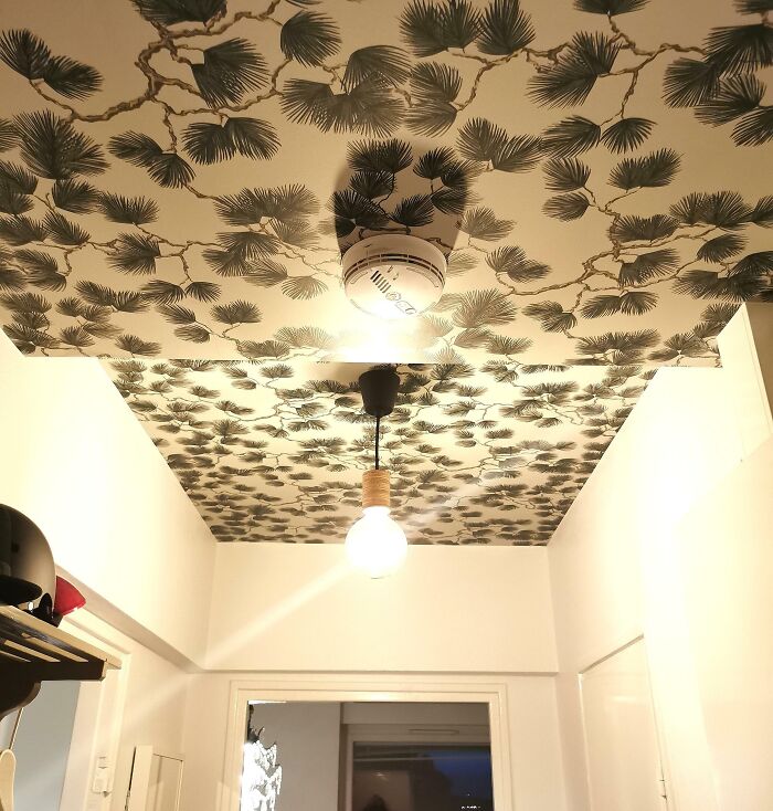 Decorative ceiling with floral wallpaper and hanging light bulb, enhancing home decoration.