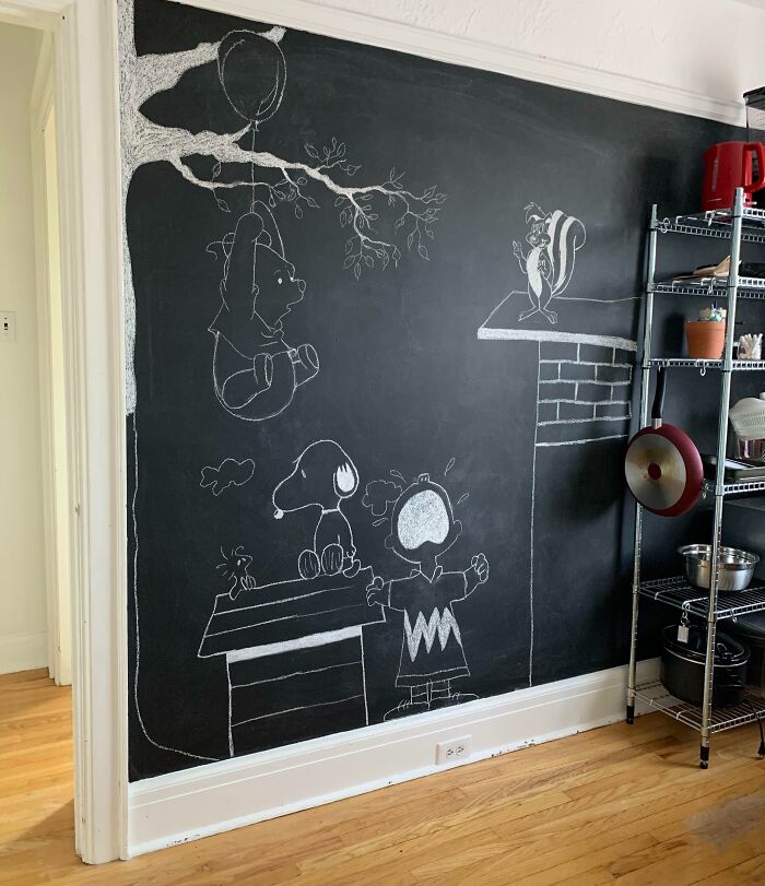 Chalkboard wall art featuring whimsical cartoon characters for home decoration ideas.