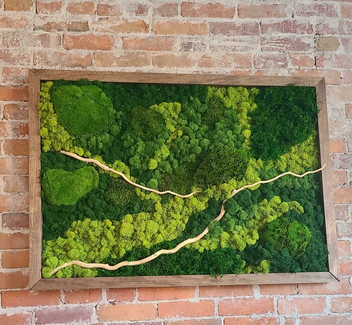 Framed green moss art on a brick wall, showcasing creative decoration inspiration.