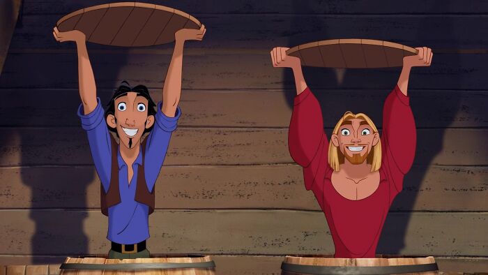 Animated best friend duo hiding in barrels, both holding round wooden lids over their heads and smiling widely.