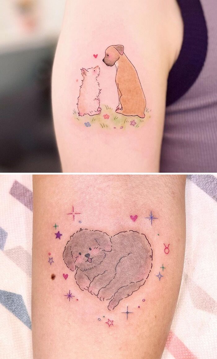Cute animal tattoo designs featuring a dog with stars, hearts, and colorful accents on forearms.