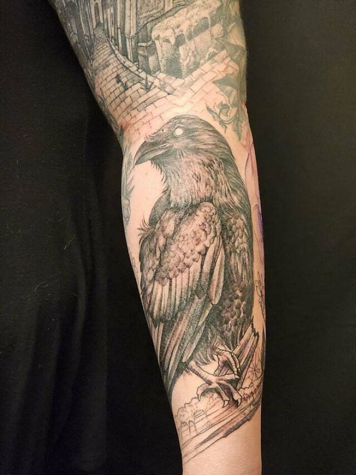 Detailed raven tattoo on forearm, showcasing intricate feather patterns and realistic shading.