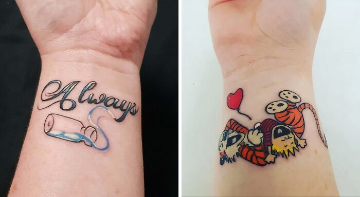 Two wrist tattoo designs: one with the word "Always" and a wand, another featuring cartoon characters with a red heart.