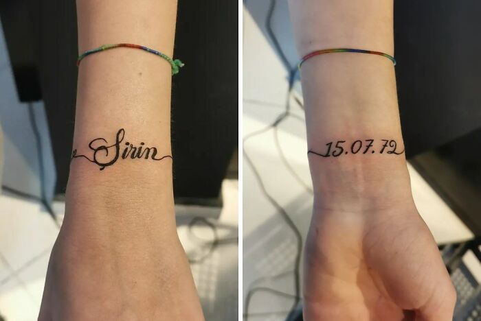 Two wrist tattoos featuring a name and a date, showcasing unique statement designs.