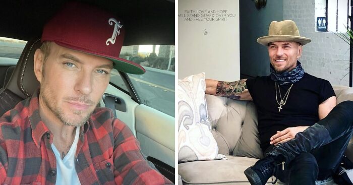 Celebrity twin wearing a red cap and plaid shirt in a car, and his twin in a hat and black outfit sitting on a couch.
