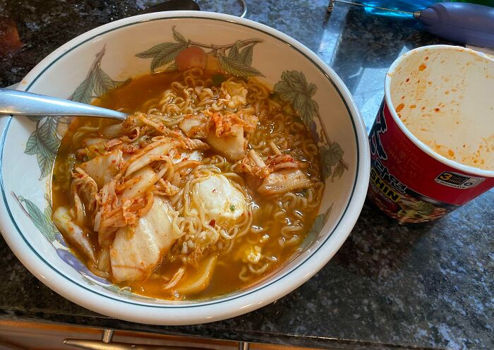 Eggs And Kimchi Can Turn A Boring Cup Of Noodles Into Hearty Noodle Bowl