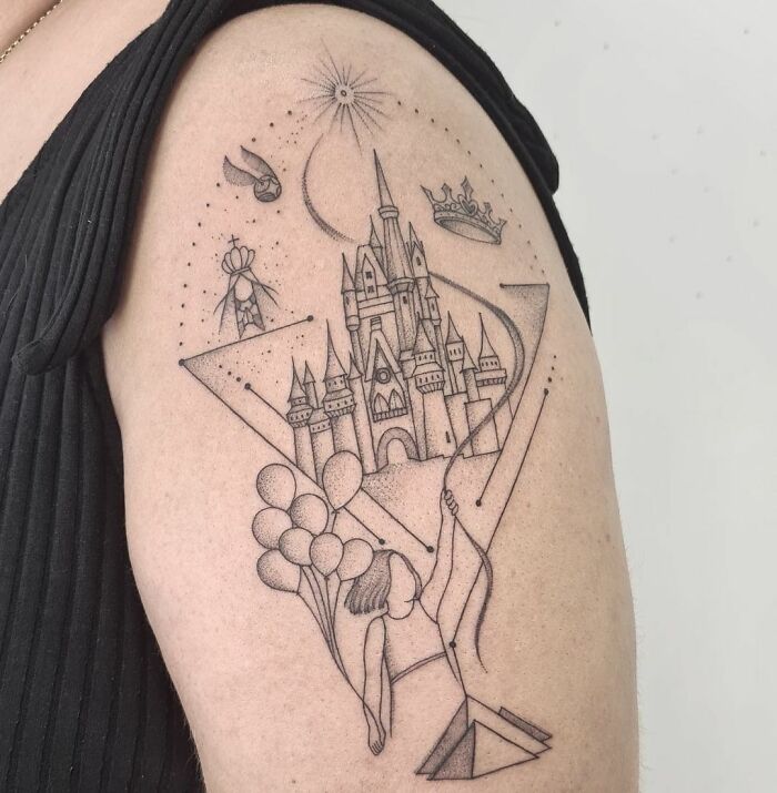 A minimalist Harry Potter tattoo featuring a castle, balloons, and a crown design on an arm, capturing the wizarding world theme.