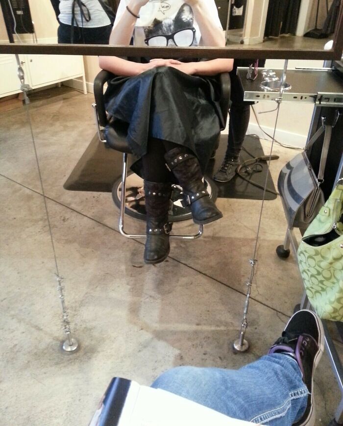 Funny man with woman legs mirror reflection 