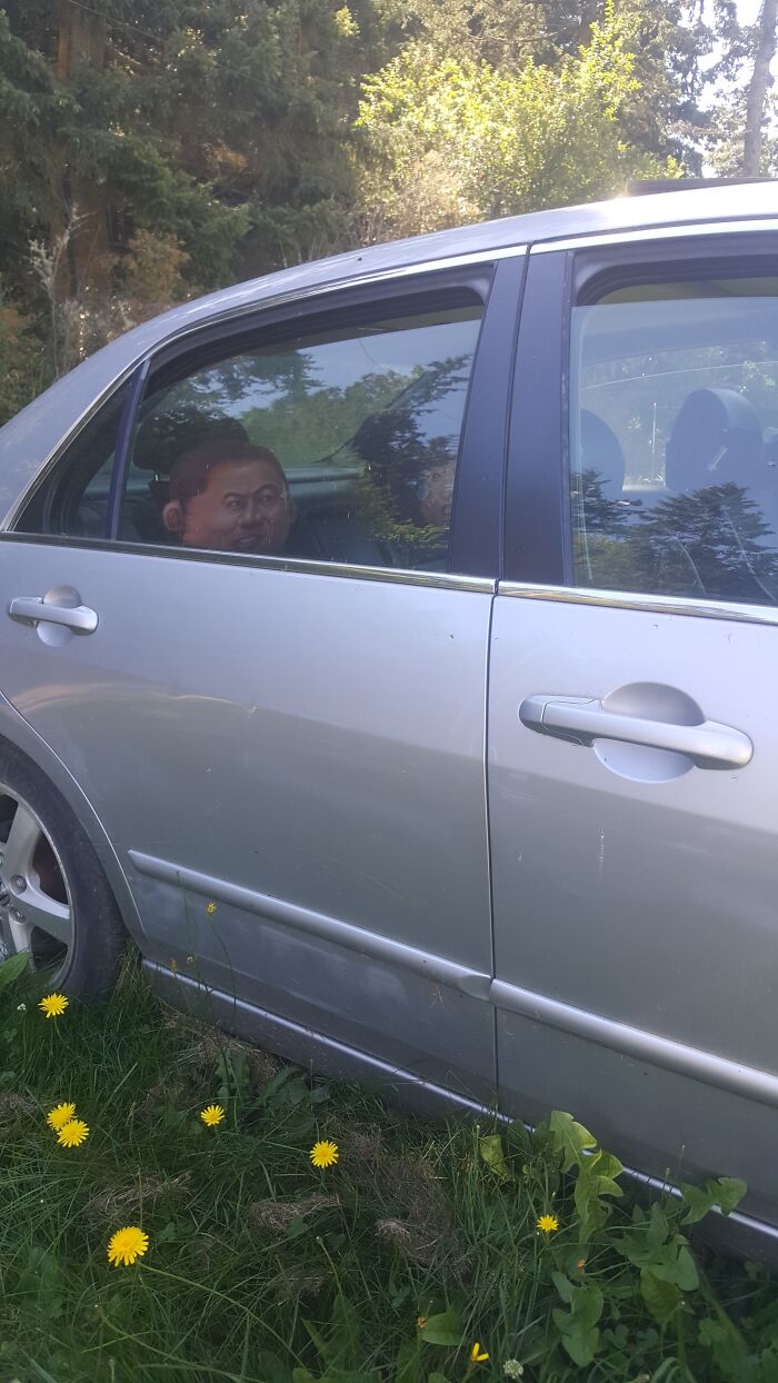 Funny looking pillow in a car's back seat 