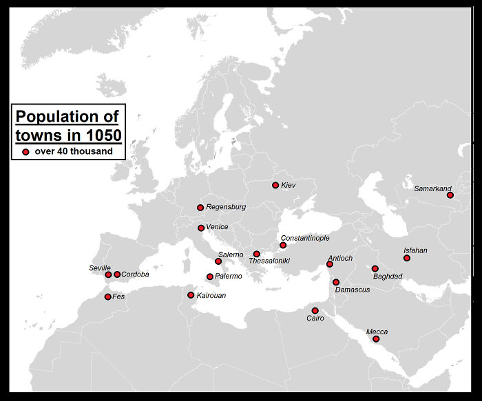 The Largest Towns In 1050 In Europe, North Africa And West Asia (Population Over 40 Thousand)