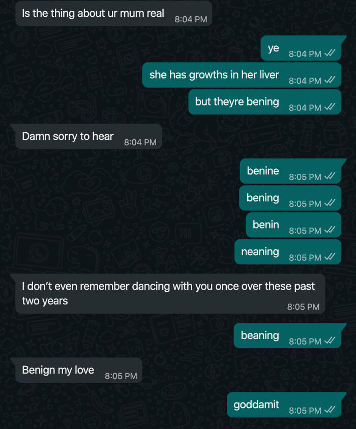 woman trying to spell "benign" in text message 