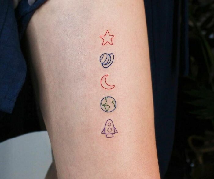 Minimalist space tattoos with star, planet, moon, Earth, and rocket designs, perfect for astrology fans.
