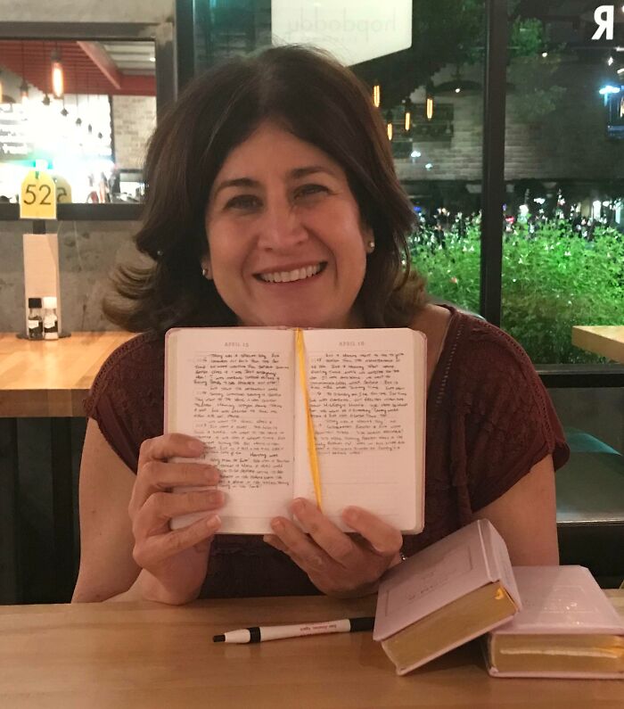 I Asked My Bar Guest What She Was Writing. Turns Out She Has 3 Daughters And She Writes 5 Lines A Day To Each Of Them. These Will Be Gifts When They Get Married One Day