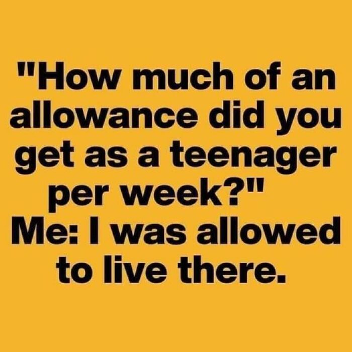 Yellow background with text humorously describing Gen X life: "How much of an allowance did you get? Me: I was allowed to live there."