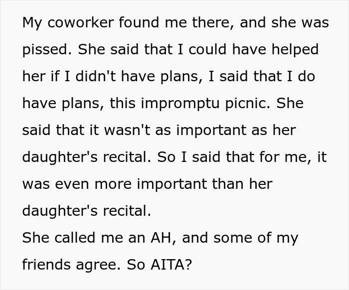 Childfree Coworker Says She Has Plans Instead Of Helping Colleague, Defends Herself Online After Colleague Catches Her Having A Solo Picnic