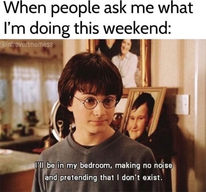Introvert meme featuring a bespectacled boy amusingly describing a weekend of solitude and avoiding interaction.