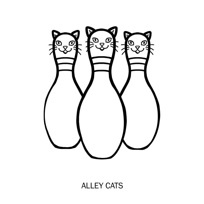 Illustration of "alley cats" featuring bowling pins with cat faces, depicting literal meanings of words.