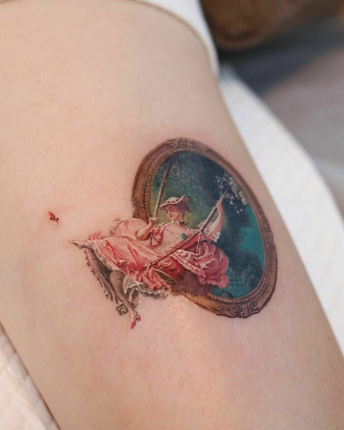 Color tattoo by Saegeem depicting a classic painting, intricately detailed and vibrant.