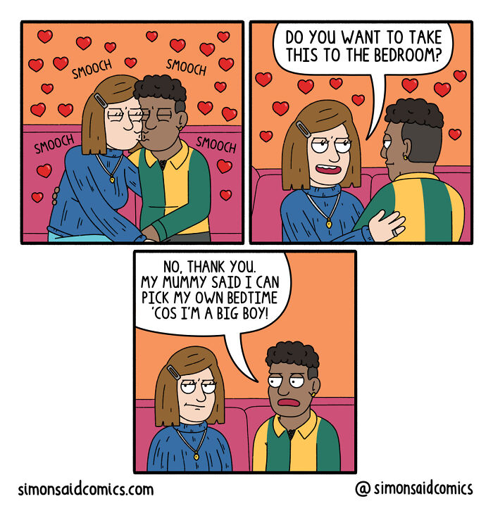 Couple sharing a funny and dark comic moment with playful dialogue about bedtime in a colorful cartoon style.