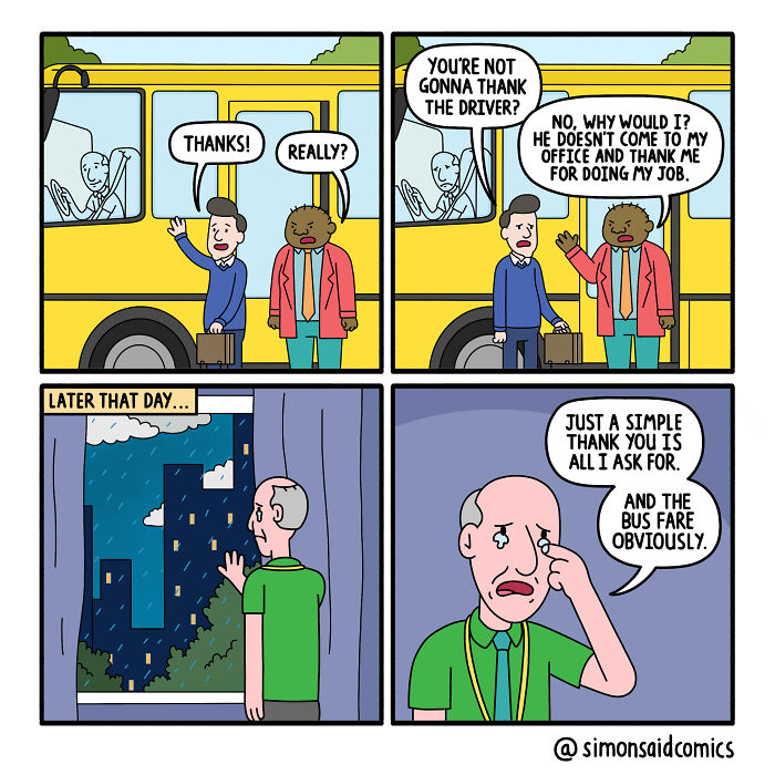 Funny and dark comic panels showing a man refusing to thank a bus driver and another man feeling sad and emotional.