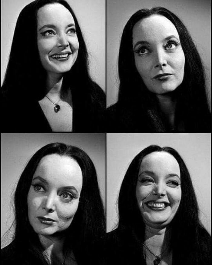 Black and white collage of a woman with long dark hair showing various expressions in important historical photos.