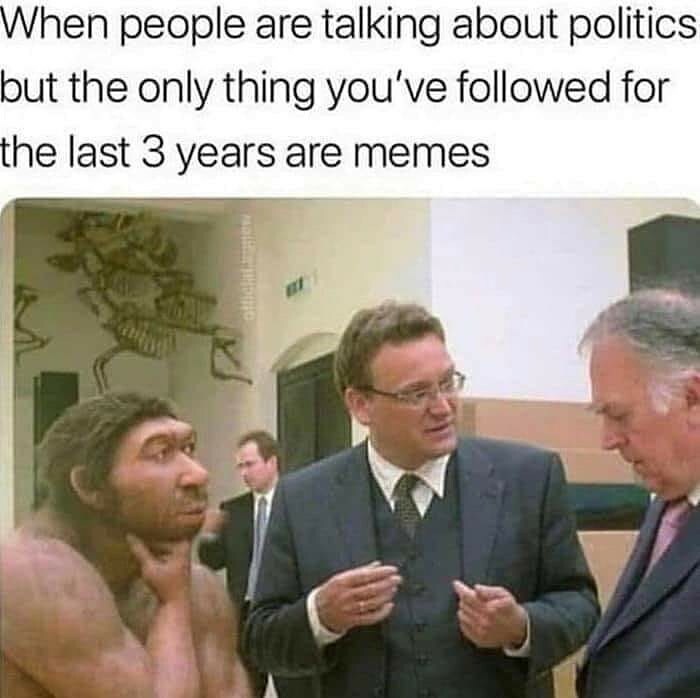 "Caveman with two men discussing politics humorously, highlighting spicy memes and online trends."