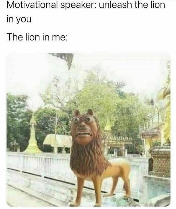 Statue of a funny-faced lion with text about motivational speakers, capturing a spicy meme moment.