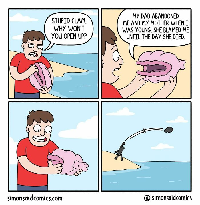 Man holding a clam with dark humor in a funny comic strip by Simonsaidcomics at the beach.
