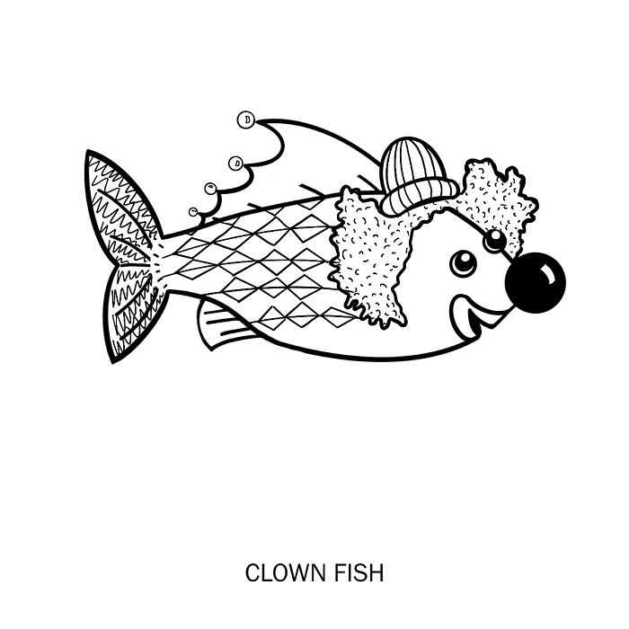 A fish with clown features, including curly hair and a red nose, illustrating a literal meaning of words.
