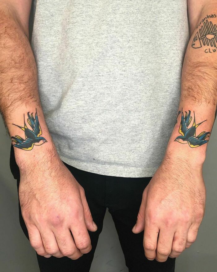 Colorful bird wrist tattoo designs on both wrists.