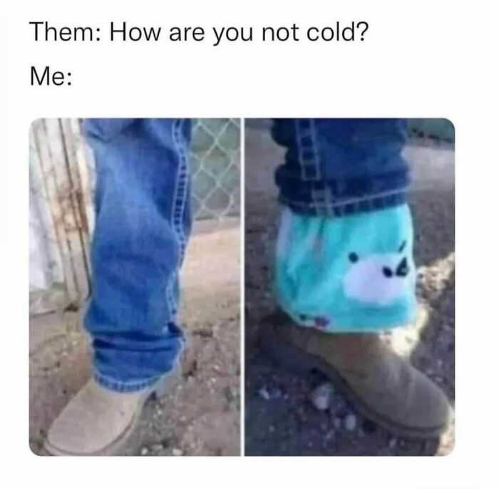 Jeans with a cute bear-themed leg warmer over boot, illustrating a spicy meme about staying warm.