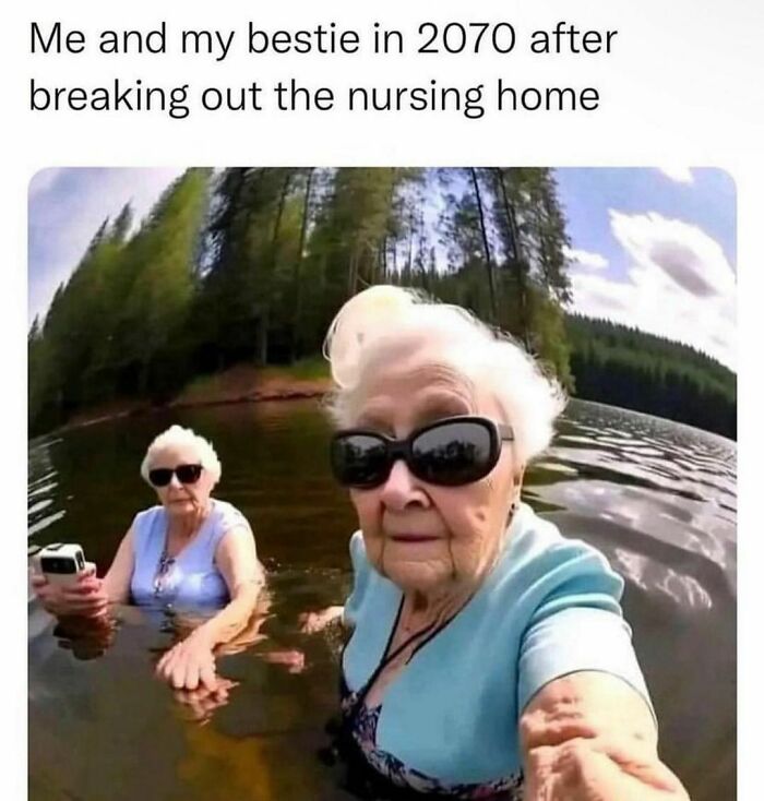 Elderly women wearing sunglasses and smiling in a lake, embodying a spicy meme moment of joy and humor.