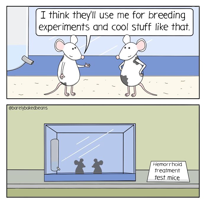 Two cartoon mice discuss breeding experiments inside a lab cage, highlighting life absurdities in bizarrely ironic comics.