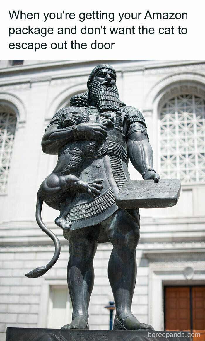 Statue holding a lion with a humorous caption about getting packages and preventing a cat escape, from funny animal memes.