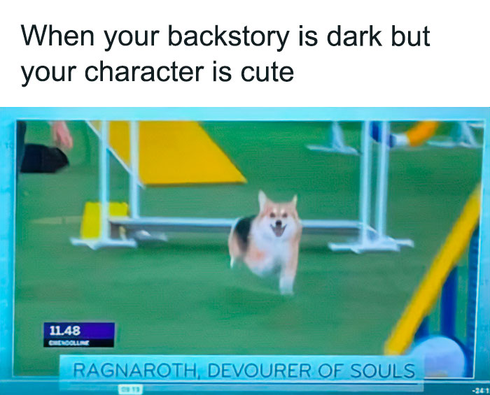 Corgi running in agility course, humorously labeled as "Ragnaroth, Devourer of Souls," from funny animal memes.