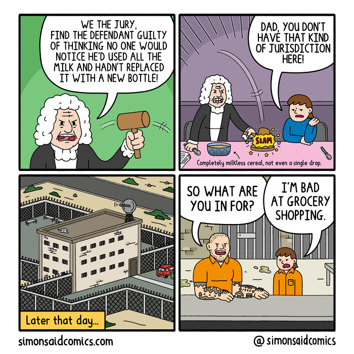 Funny and dark comic panels featuring a judge, a milkless cereal joke, and a prisoner humor about grocery shopping.