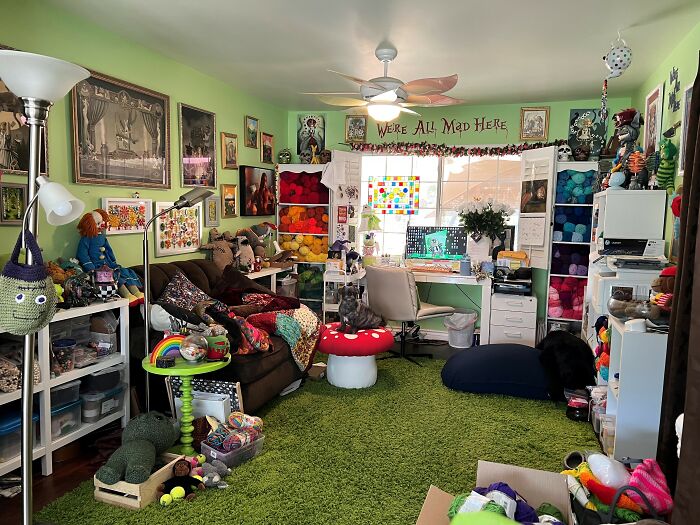 Oh There Is A Lot Going On I Know ;> Home Office/Craft Room Where My Co-Worker Dog, Smudge (Pictured Atop The Mushroom) And I Spend Our Work Days :> Couldn't Be Happier Working From Home And I'll Never Return To Fluorescent Lighting Again In A Cube