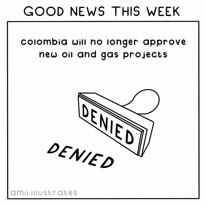 "Illustration of good news: Colombia stops new oil and gas projects, with a denied stamp image."