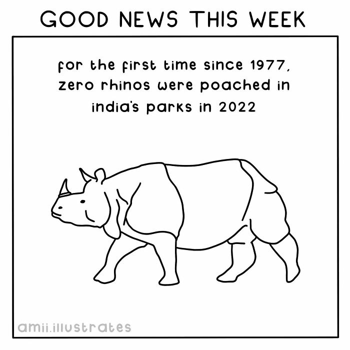 Illustration showing a rhino with text about zero poaching in India's parks, highlighting good news.