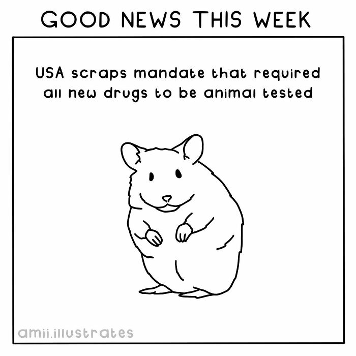 Illustration of a happy hamster with text about U.S. eliminating animal testing requirements for new d***s.