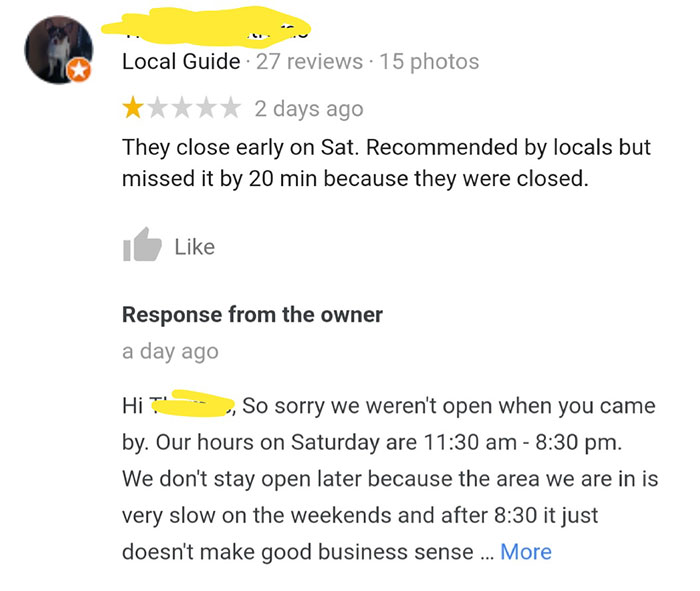 One Star Review Because They Came After The Restaurant Closed