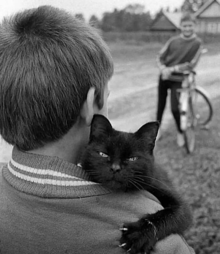 Amusing photo of a black cat clinging to a person's shoulder, with another person on a bicycle in the background.