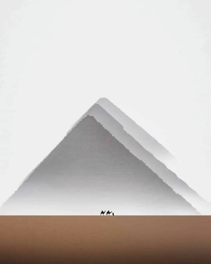 Minimalist photo of a large pyramid in a desert with three camels, shared on a popular Instagram page.