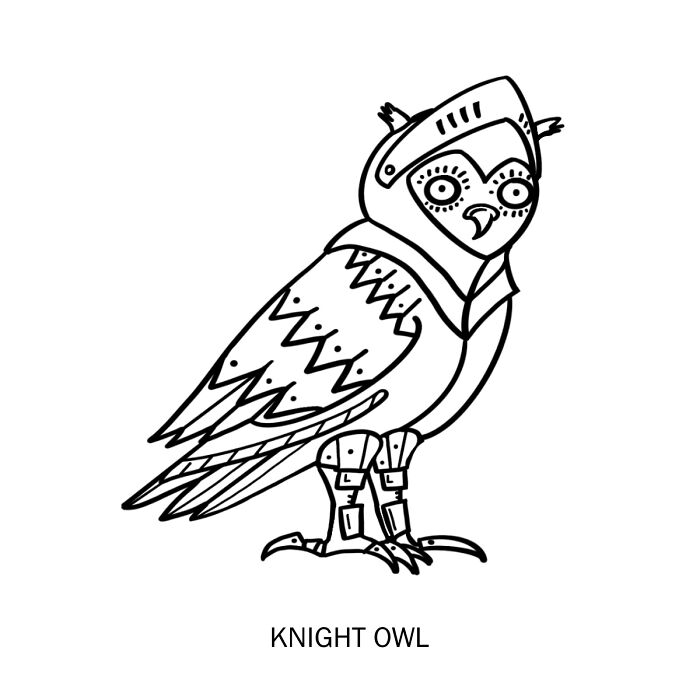 Illustrated "Knight Owl" combining literal meanings, with an owl wearing knight armor, showcasing creative wordplay.