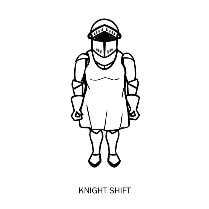 Illustration of literal word meanings: a knight in armor wearing a dress labeled "Knight Shift."