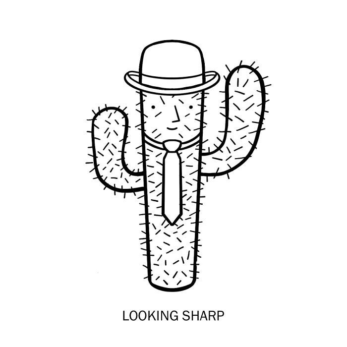 Cactus dressed with a hat and tie, illustrating literal meanings of words, captioned "Looking Sharp."