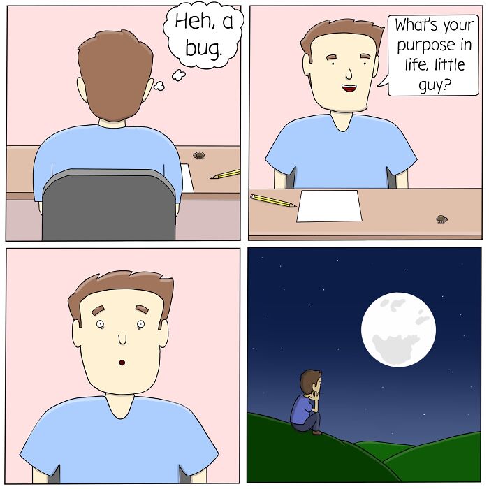 Man interacting with a bug in a comic strip, reflecting on life’s absurdities and irony in four panels.