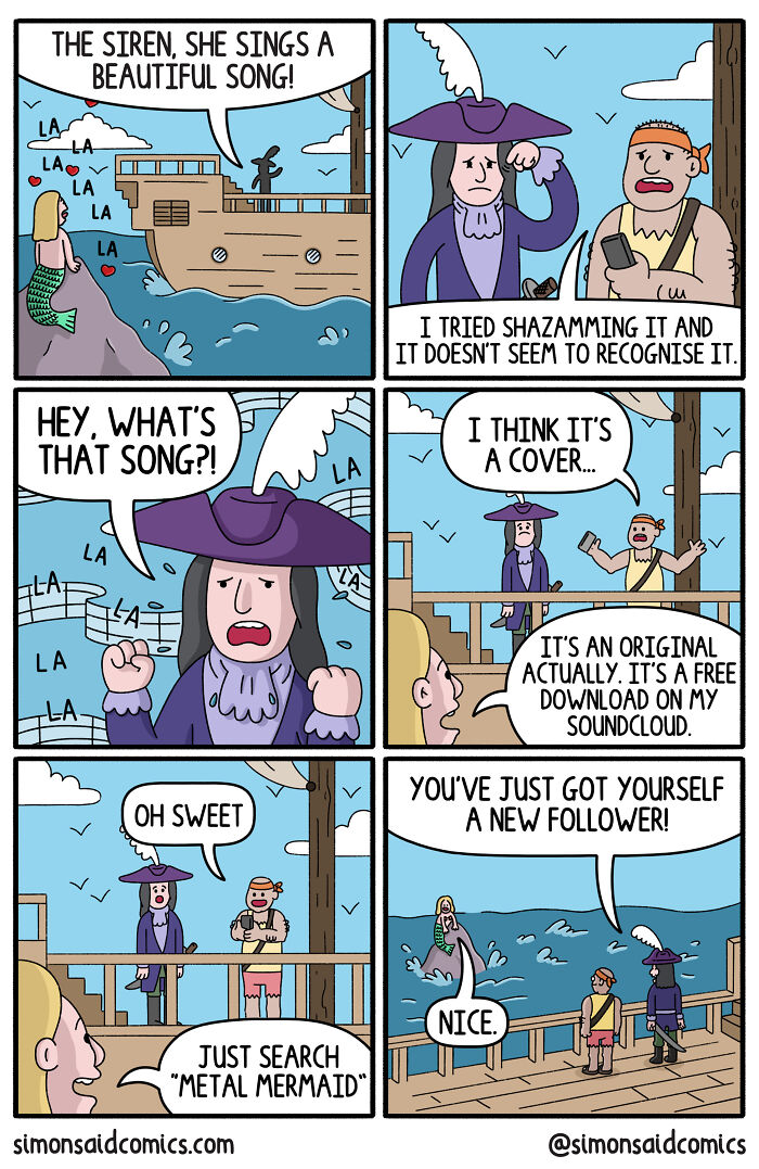 Comic strip showing a pirate and crew reacting to a mermaid's song in a funny and dark comics style.