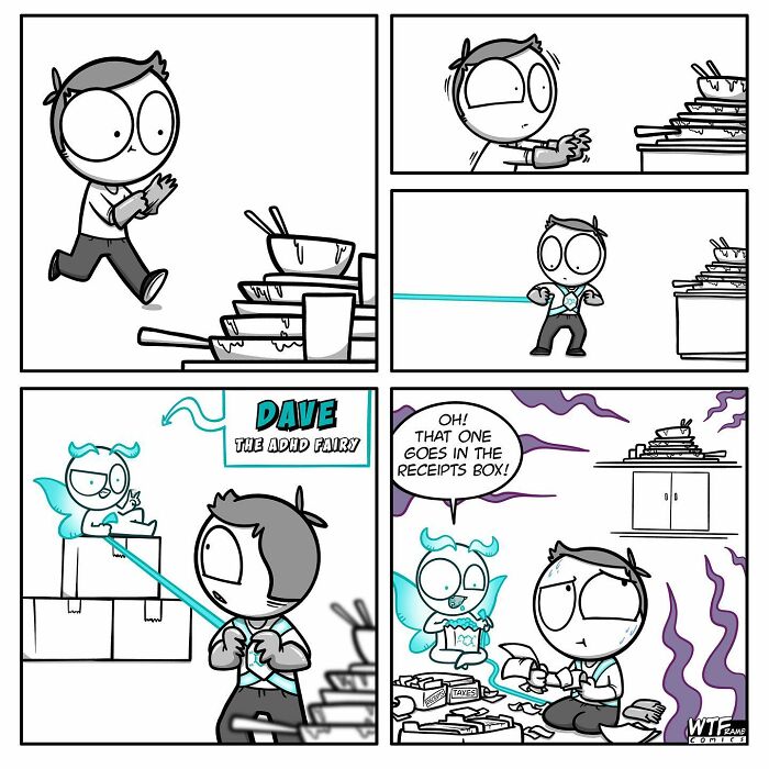 Comic illustration by WTFramecomics featuring Dave, the ADHD fairy, guiding a character with receipts.