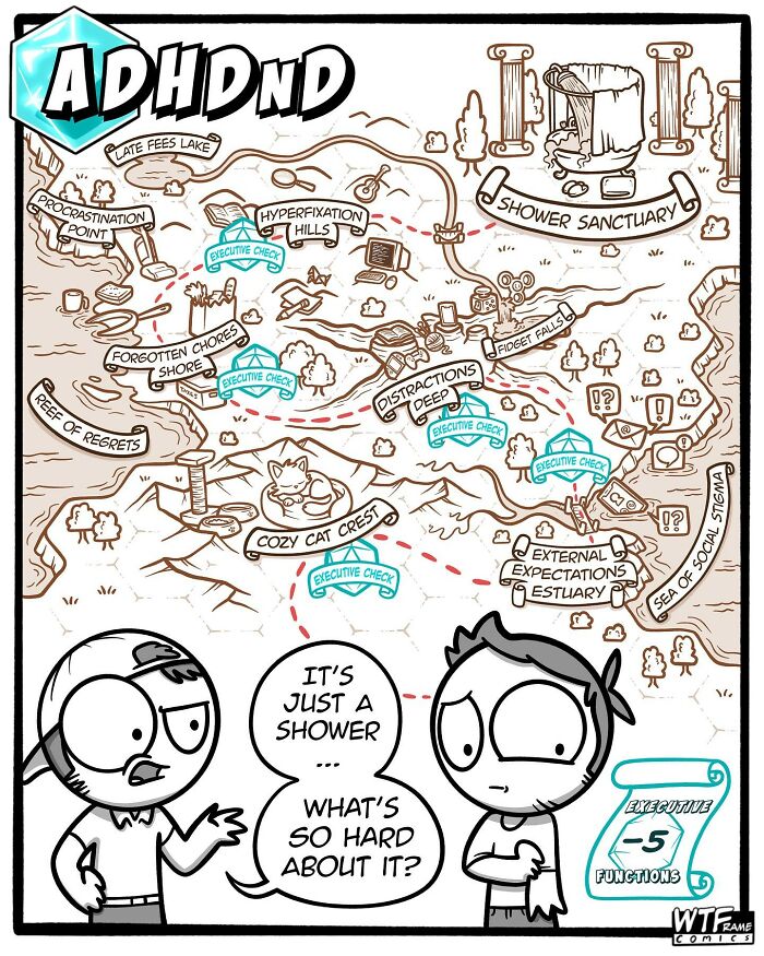 Map parody comic by WTFramecomics depicting a complex journey with humorous labels, two figures discussing a shower.